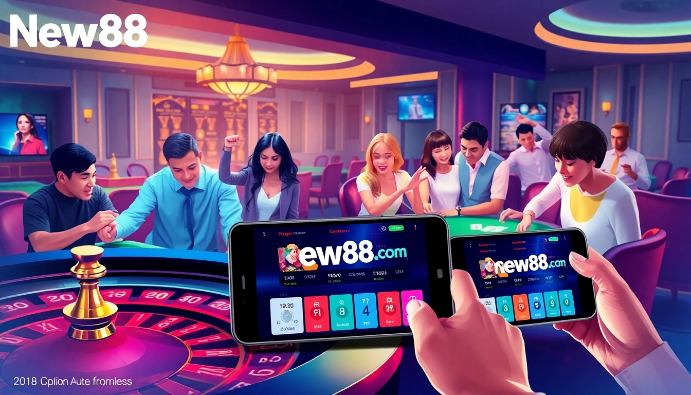 Online gambling experience at New88 with vibrant casino elements and mobile interface of new88go.com.