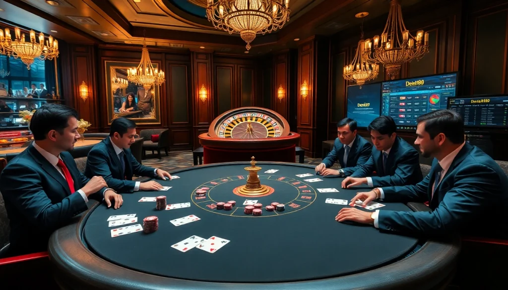 Players strategizing at a poker table in a luxurious casino environment featuring Debet88 gaming.