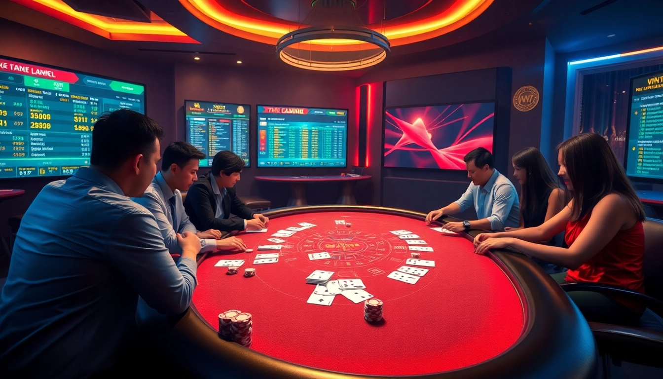 Dynamic casino scene representing vin777.gb.net with players at a gaming table and vibrant lighting.