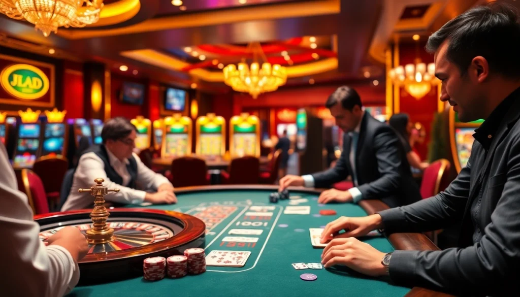 Exciting casino scene representing nha cai uy tin with poker players, roulette wheels, and luxurious ambiance.
