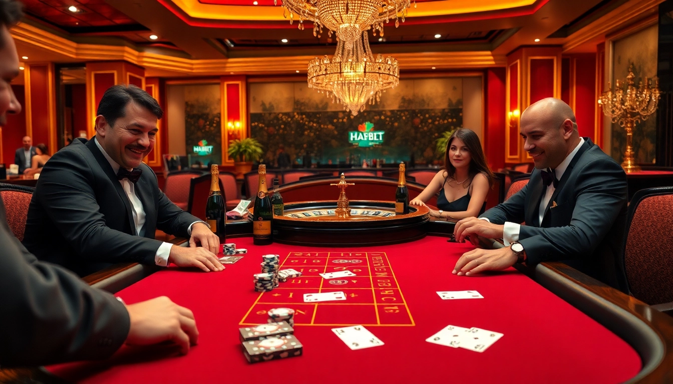 HAYBET players enjoying an exciting poker game at an elegant casino table.