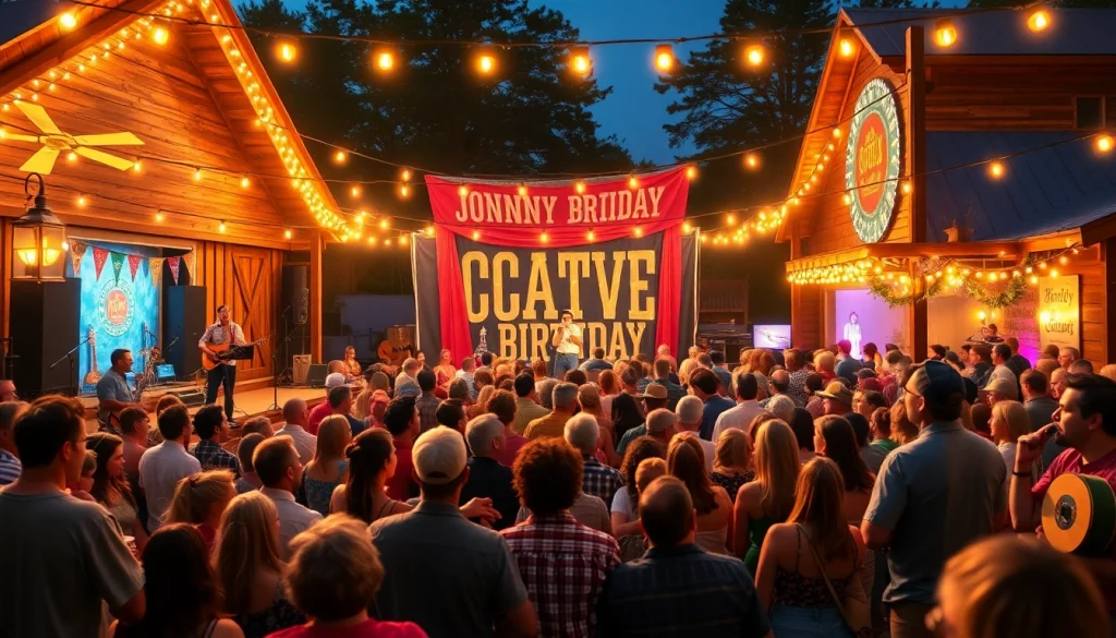 Vibrant celebration at johnnycashbirthday.com featuring live music, festive crowd, and Americana decor.