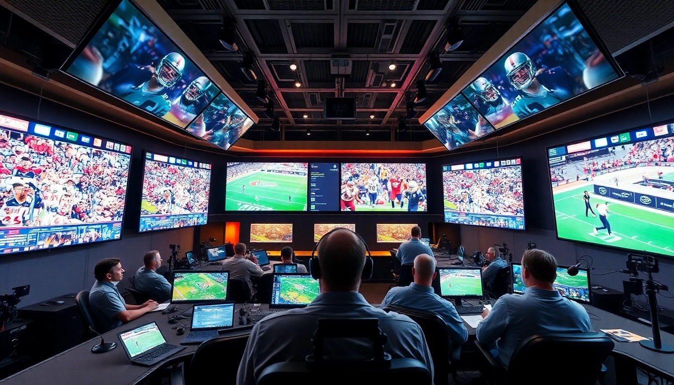 Engaging sports broadcasting studio showcasing live events, vibrant screens, and professional atmosphere.