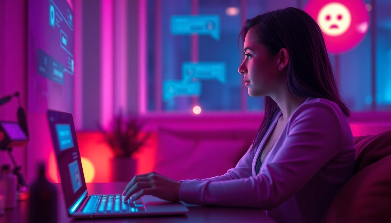 Engaging scene of a user interacting with a lifelike AI avatar for sex chat AI in a cozy, modern environment.