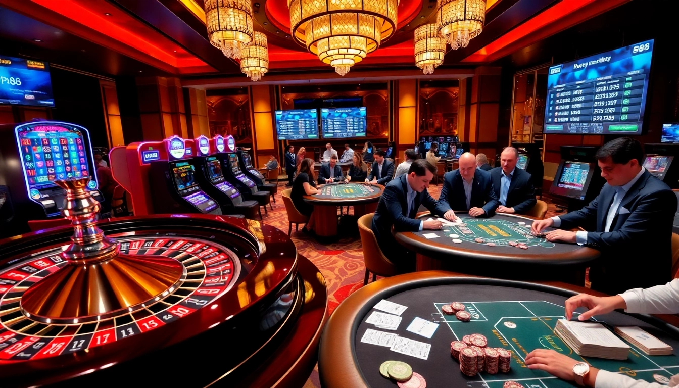 KP88 casino scene featuring players at a blackjack table and vibrant slot machines