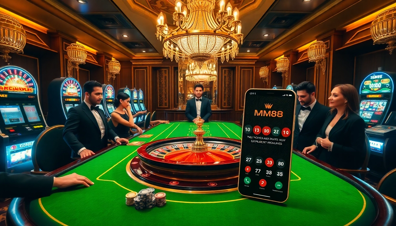 Experience high-stakes excitement with MM88 at a luxurious roulette table in a vibrant casino.