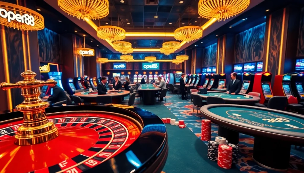 Experience thrilling gaming action at open88 Casino with roulette and poker in a luxurious ambiance.