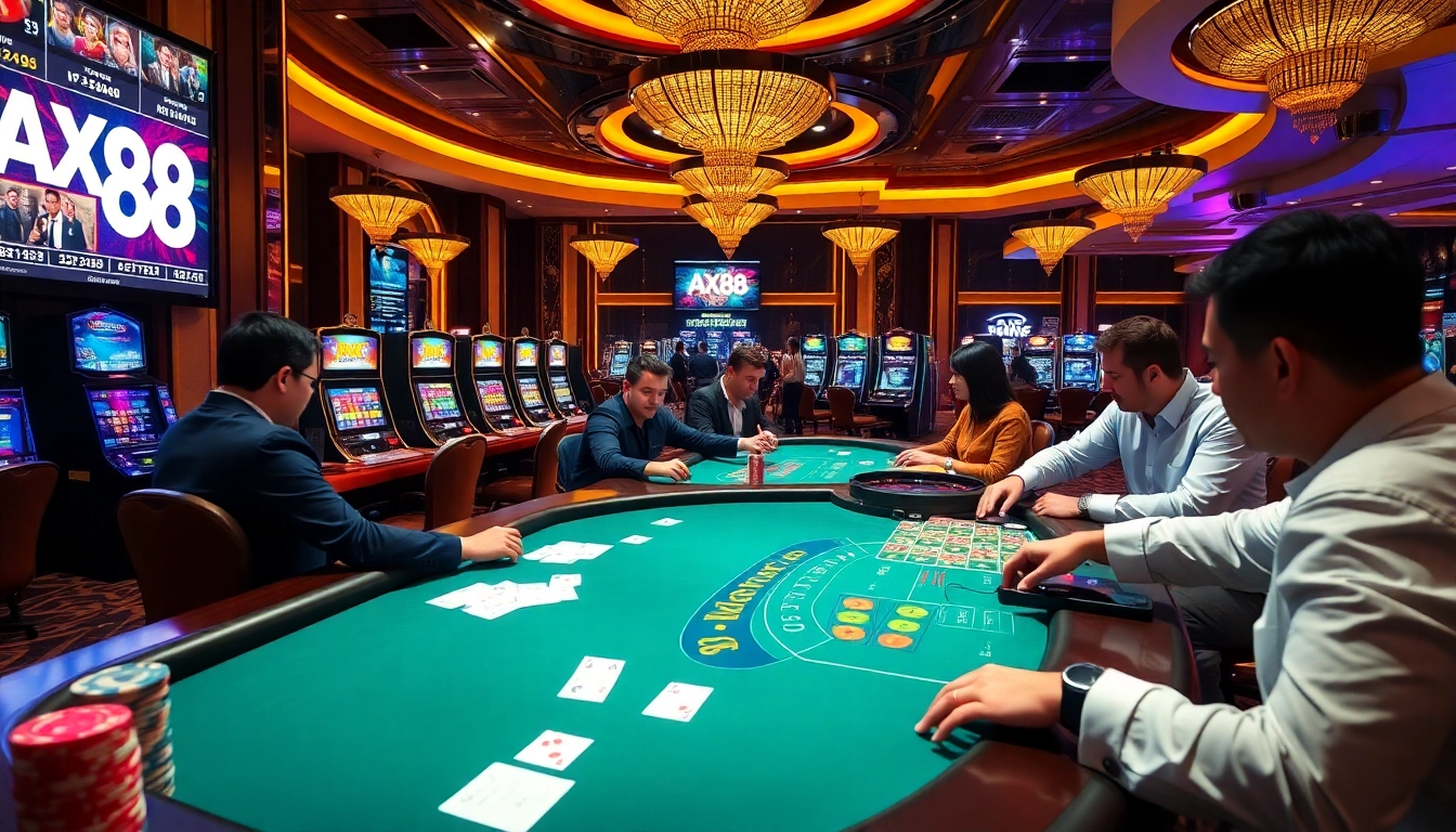 ax88 players enjoying a vibrant casino experience with table games and slot machines.