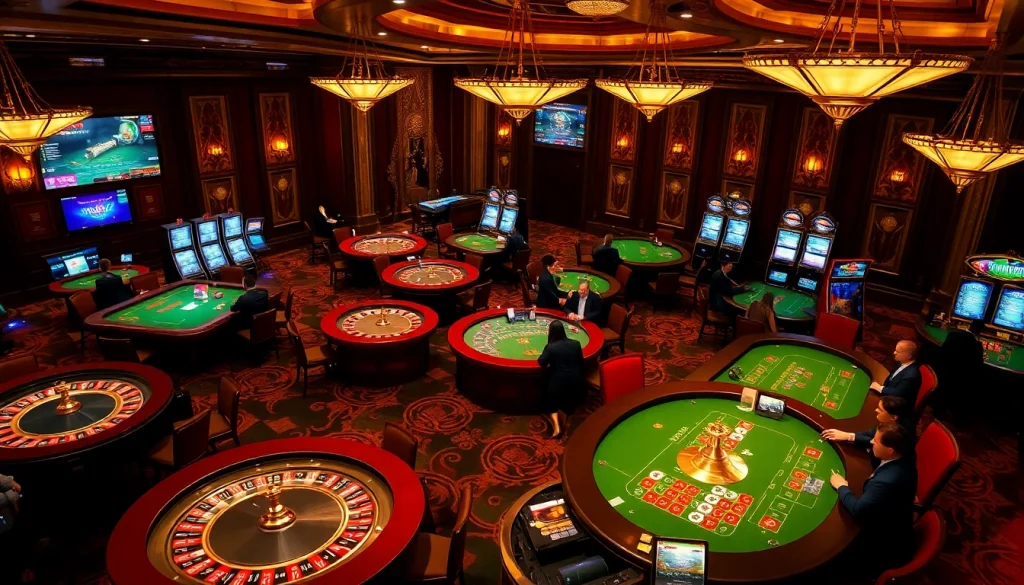 Players enjoying exciting games at the luxurious casino night represented by https://one88qq.com, showcasing poker and roulette.
