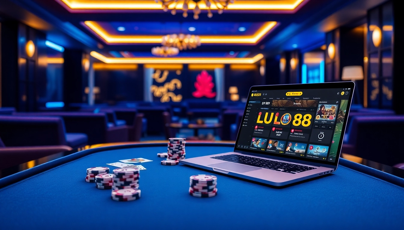 Experience thrilling bets with Lu88's dynamic online gambling interface featuring poker chips and cards.