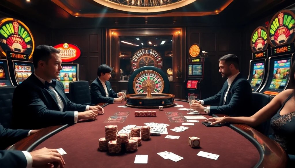 Immersive casino atmosphere showcasing gambling excitement at https://net88na.com with poker and roulette elements.