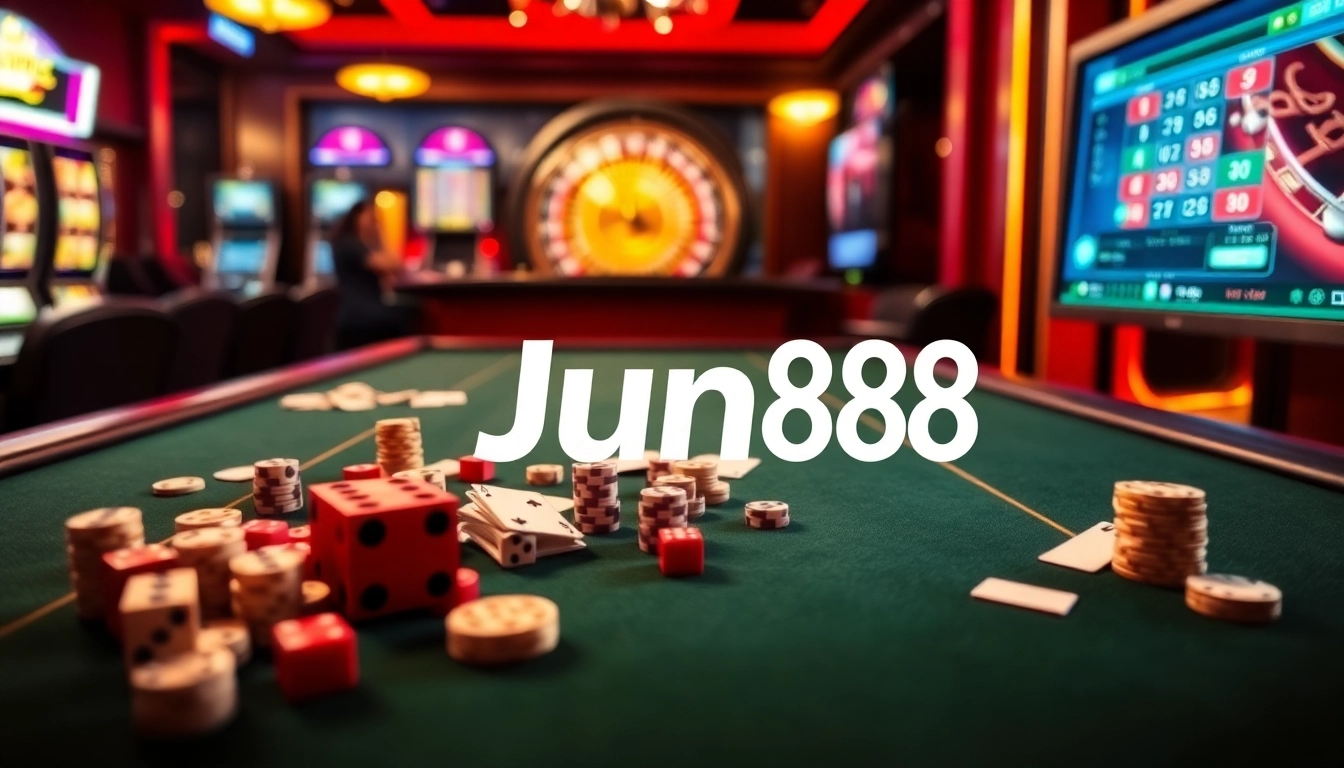 Experience the excitement of Jun88 as poker chips and cards create a thrilling casino atmosphere.