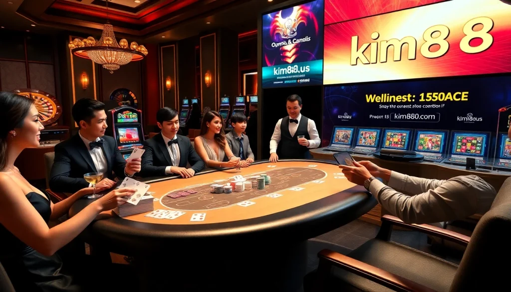 Join the thrill at https://kim88.us/ with players enjoying poker, roulette, and slots in a luxurious casino.