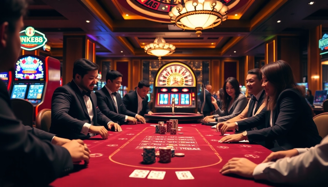 Players engaging in high-stakes poker at NK88, showcasing excitement in an upscale casino environment.