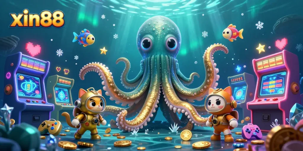 Experience the thrilling world of xin88 with a vibrant underwater casino scene featuring a kraken and a diving cat.