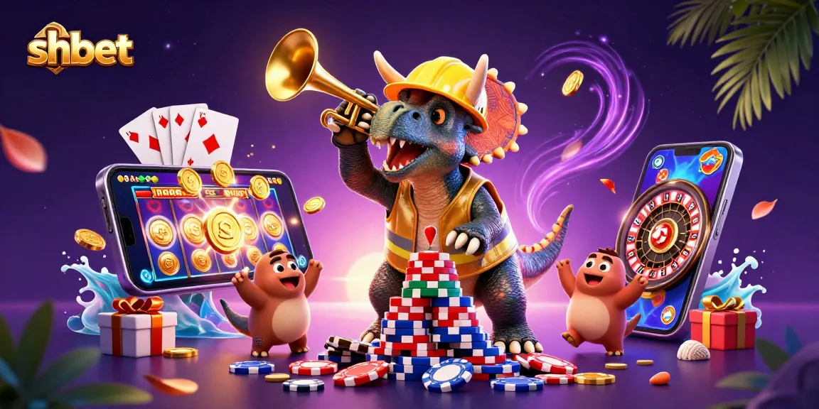 shbet offers exciting gaming with a vibrant scene featuring a triceratops and festive casino elements.