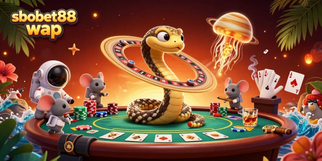 Win big with sbobet88 wap in a thrilling cosmic poker scene featuring unique characters.