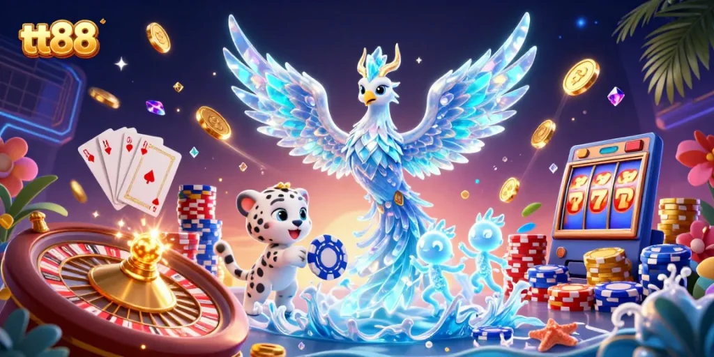 tt88 players enjoy the magic of a vibrant ice phoenix amid cascading coins and 3D casino games.