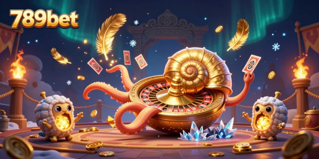 Immerse in the thrilling 789bet world with uniquely designed casino elements, showcasing the nautilus roulette wheel and vibrant game scene.