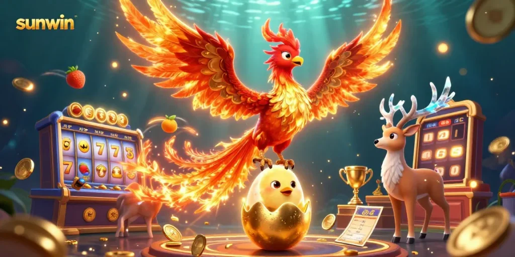 Experience thrilling wins with sunwin's captivating slot games featuring a phoenix and lively casino elements.