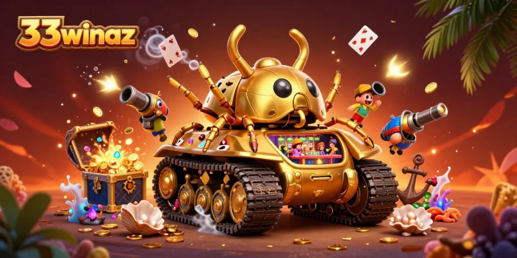 Engage with 33winaz's vibrant gambling scene showcasing a mini casino inside a golden beetle tank.