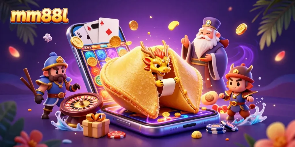 Engage with mm88l's vibrant online casino scene showcasing excitement and riches through rich 3D characters and gaming elements.