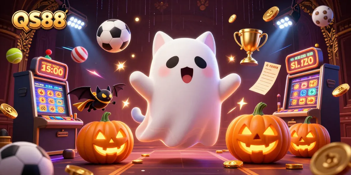 Experience thrilling QS88 gambling at a haunted casino with ghostly characters and sports elements.