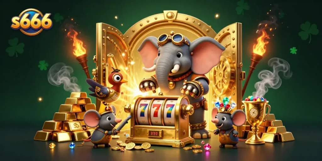 s666 players enjoy dynamic slot gaming action with a steampunk elephant engineer in a treasure-filled scene