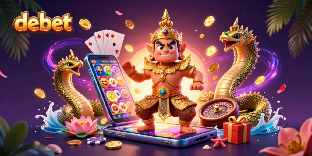 Engage with debet's vibrant casino experience featuring a friendly guardian and Naga companions.