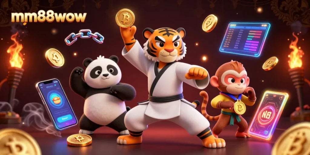 Engage in gaming excitement with mm88wow featuring a kung fu tiger master and crypto elements.
