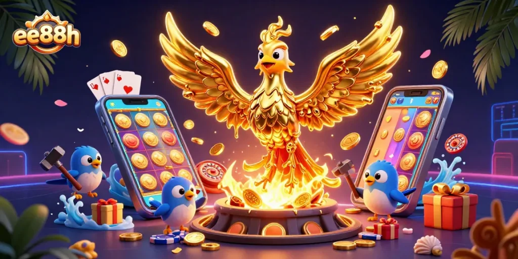 Engage with ee88h's exhilarating casino experience, featuring a molten gold phoenix and dynamic gaming elements.