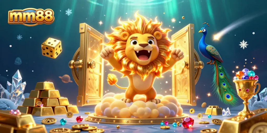 Experience winning moments at mm88 casino with dazzling treasures and 3D characters in a vibrant scene.