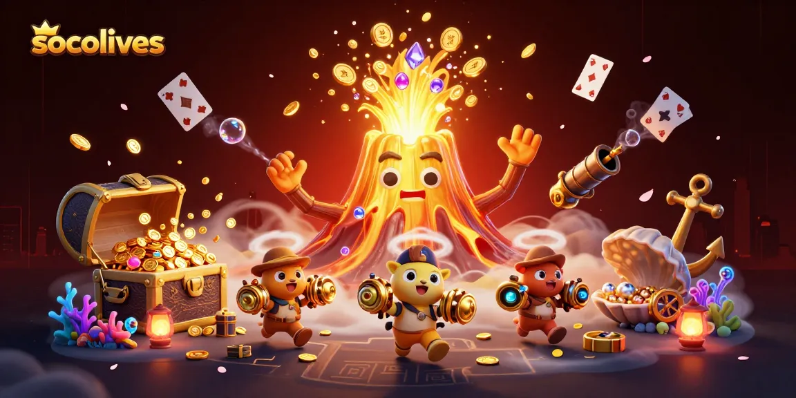 Socolives captures excitement of treasure hunting in a vibrant, dynamic online casino scene full of animated characters.