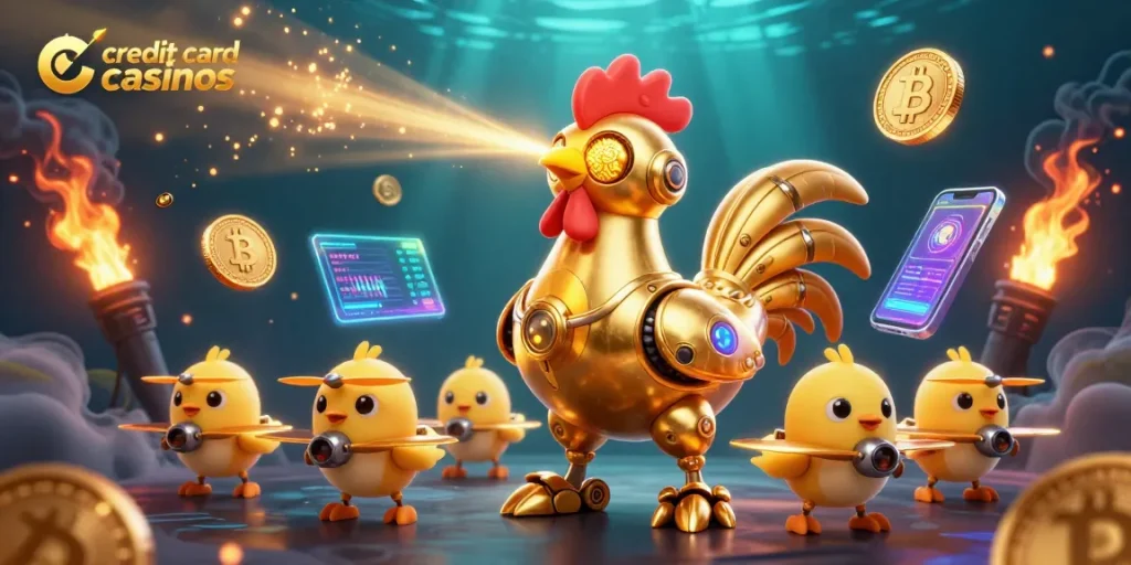 Groove with credit card casinos as a futuristic rooster robot and baby drone chicks engage in gameplay.