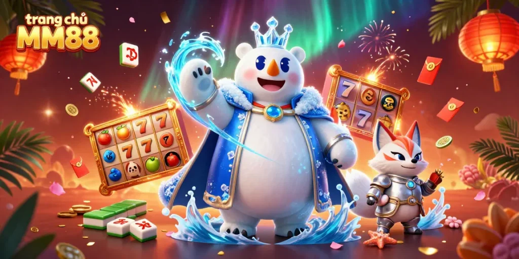 Spin and win on trang chủ MM88 with our festive 3D casino illustration featuring lively slot elements.