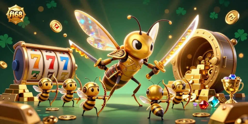 Engage with the dynamic f168 gaming scene featuring a golden hornet samurai amidst vibrant slot reels and treasure.