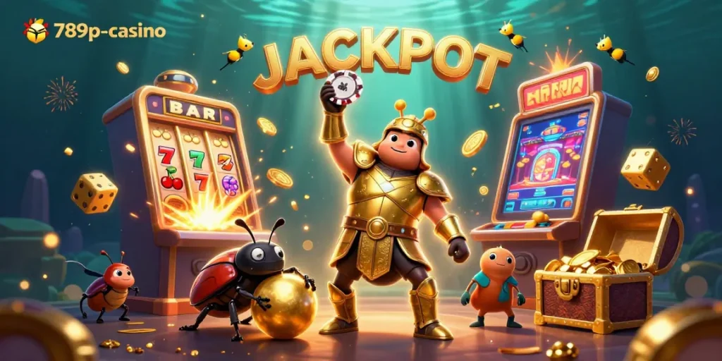 Experience thrilling gameplay at 789p-casino with a cartoon hercules beetle celebrating a jackpot.