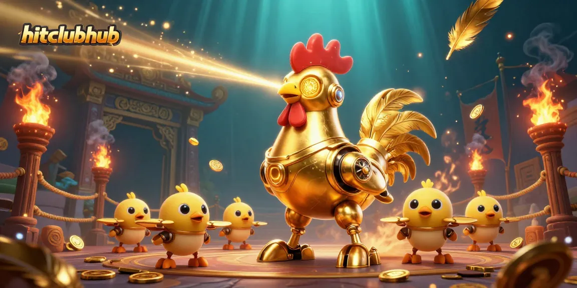 Experience the excitement at hitclubhub with vibrant action from the golden rooster robot and baby chick drones.