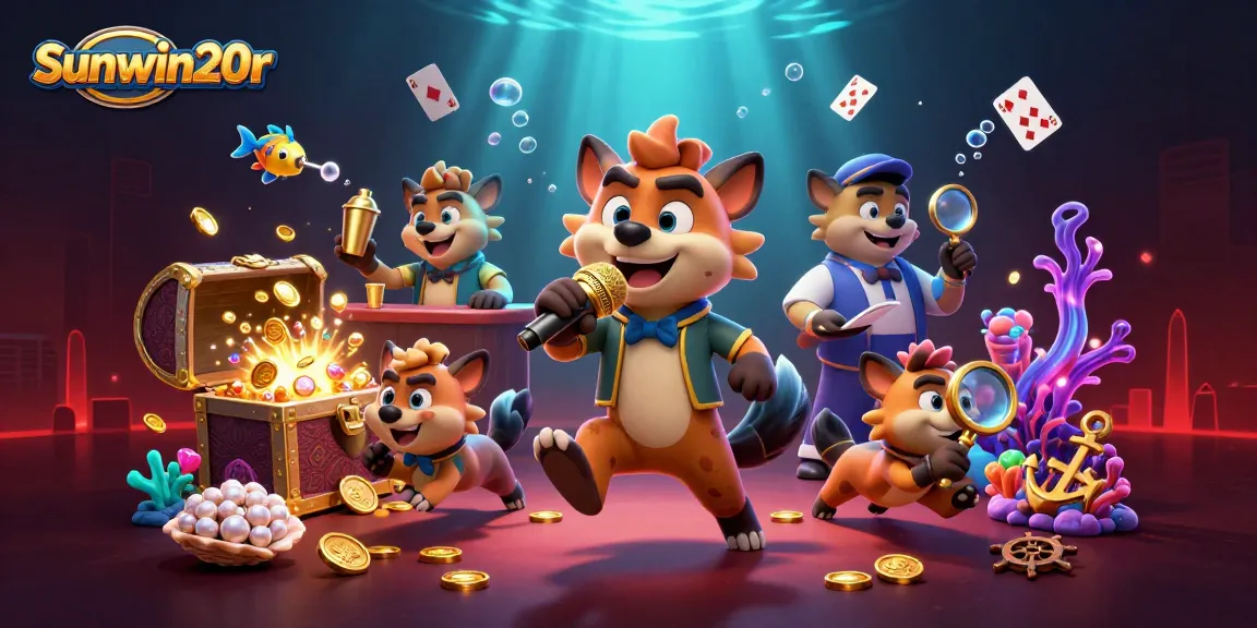 Sunwin20r promotes fun in a vibrant casino scene with hyenas entertaining and serving drinks.