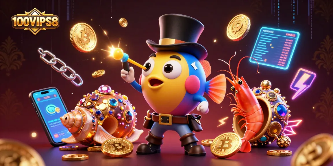 Winning with 100VIPS8 while deep-sea creatures attract golden coins in an exciting casino environment.