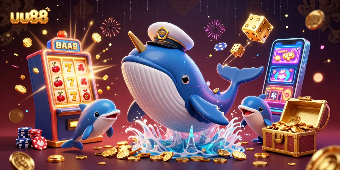 Experience the excitement of uu88 casino with a whale and dolphins amidst treasures and gaming fun.