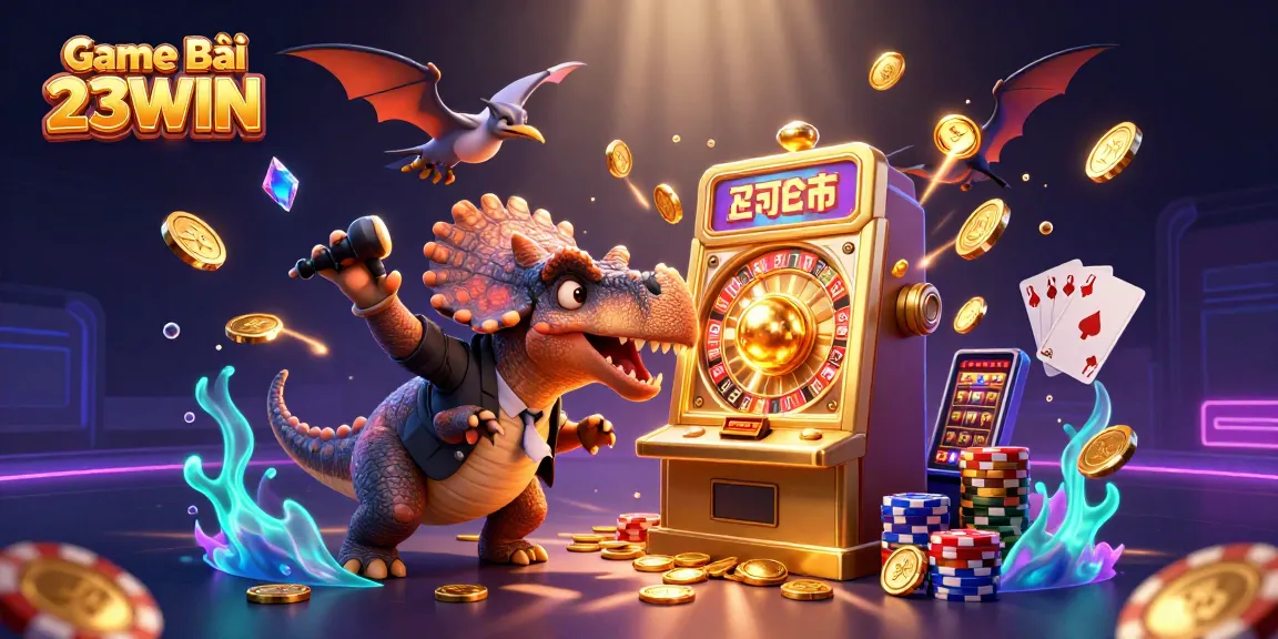 Experience the thrill of Game Bài 23WIN as a unique dinosaur-themed casino scene with exciting jackpots and action.