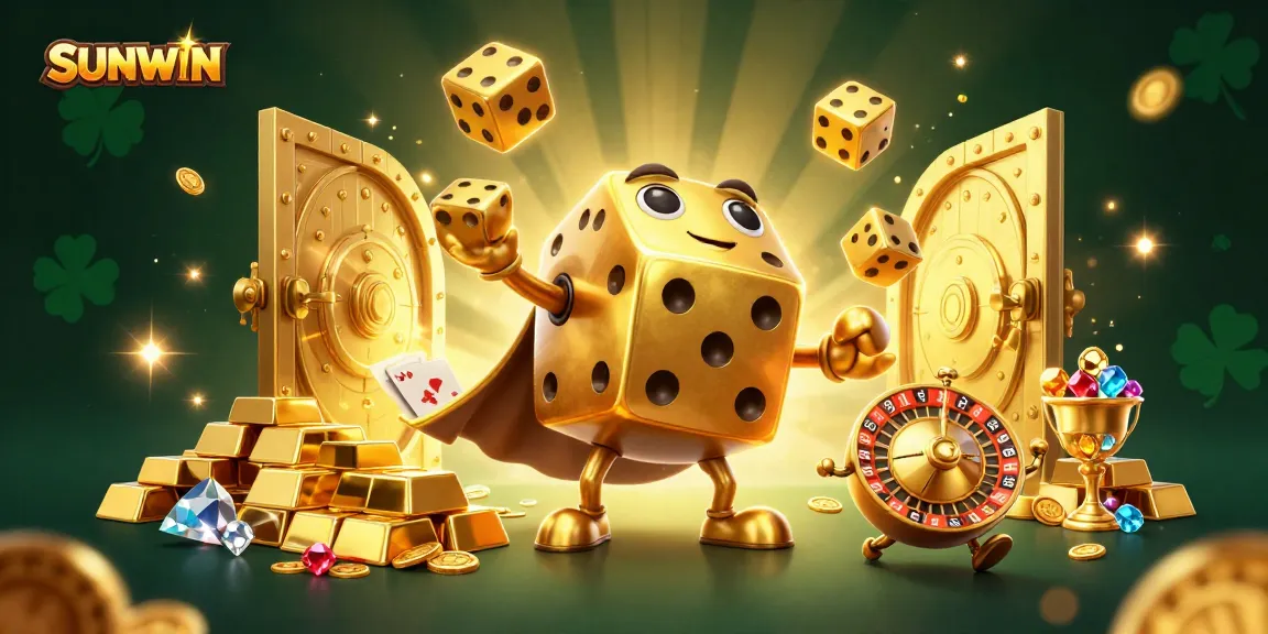 SUNWIN showcases a vibrant 3D scene of gambling excitement with golden dice and casino elements.