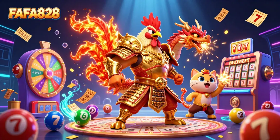 Experience the thrill of FAFA828 with dynamic cartoon warriors in a vibrant casino scene.