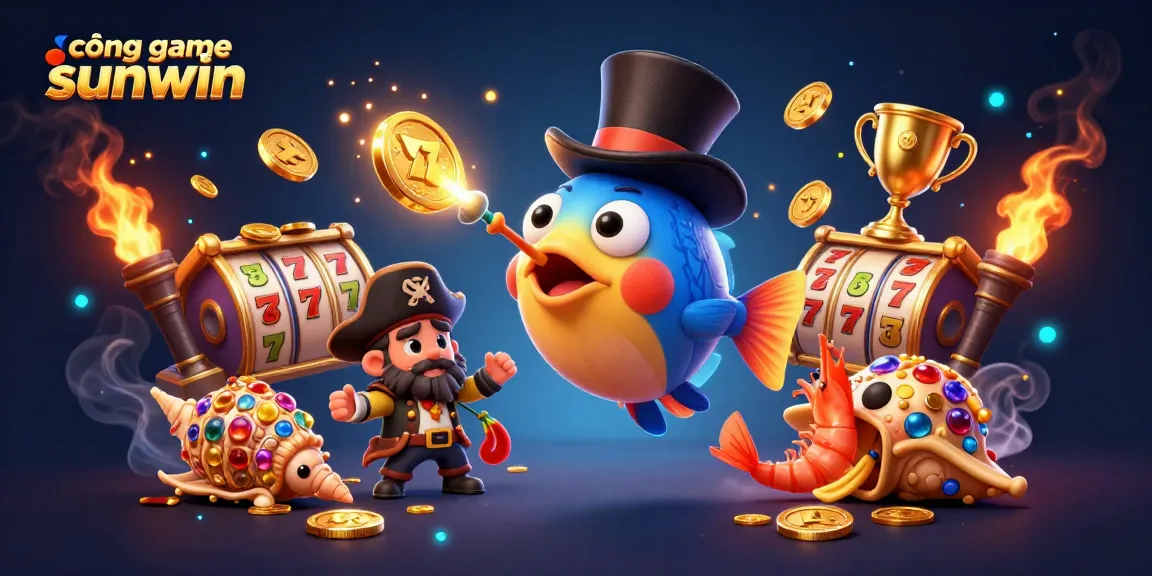 Engage with thrilling gameplay at cổng game sunwin, featuring an anglerfish and pirate shrimp amidst golden slots.