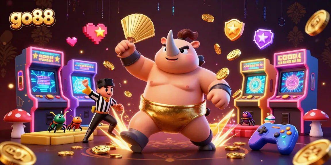 Experience thrilling wins at go88 with a cartoon rhinoceros beetle champion in a vibrant gaming atmosphere.